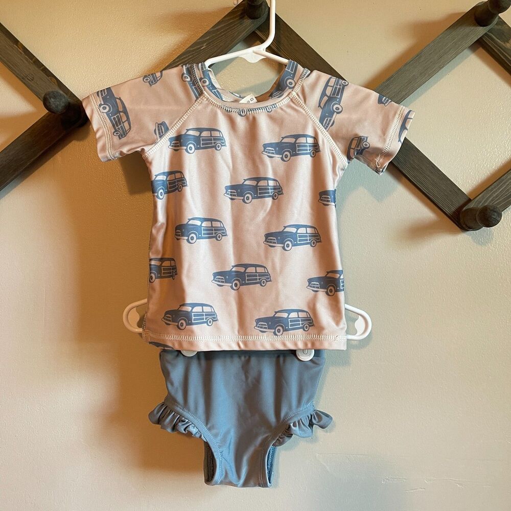 Kate Quinn 12-18M 2 Piece Swim Set | Blue Car Ruffle Bikini Rash Guard SS